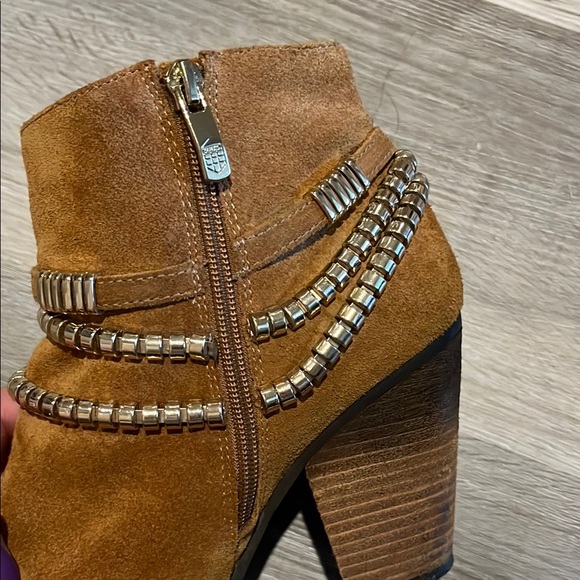 Vince Camuto Brown Suede Ankle Boots with Gold Accents - Picture 3 of 5